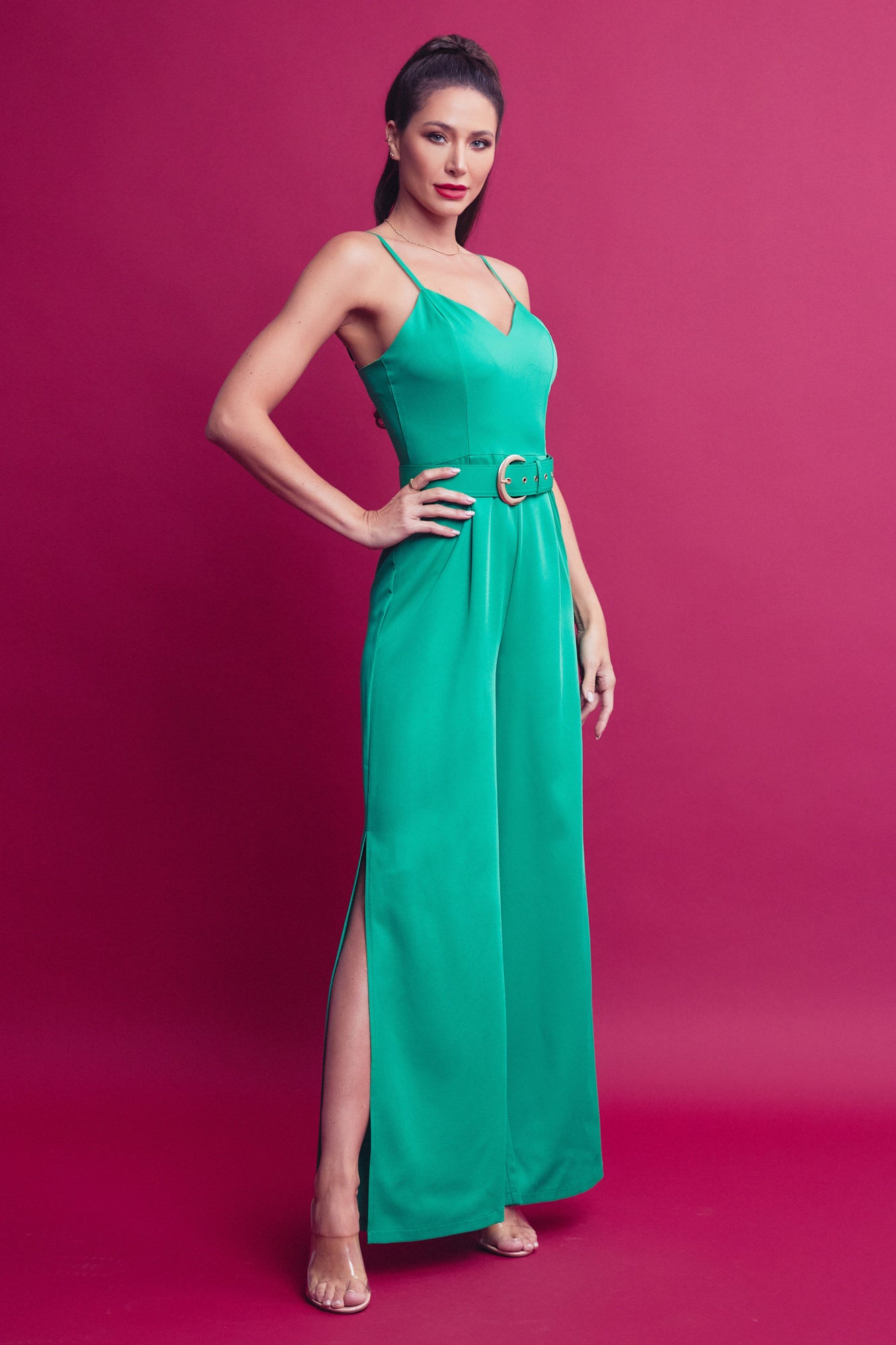 Woven Strappy Jumpsuit With High Side Leg Slits