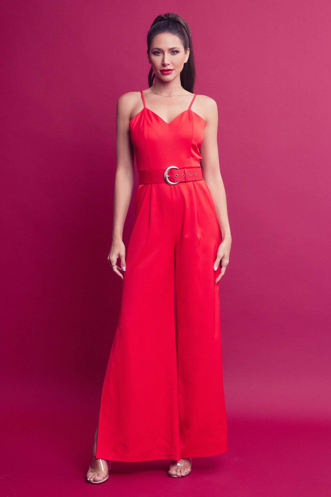Woven Strappy Jumpsuit With High Side Leg Slits