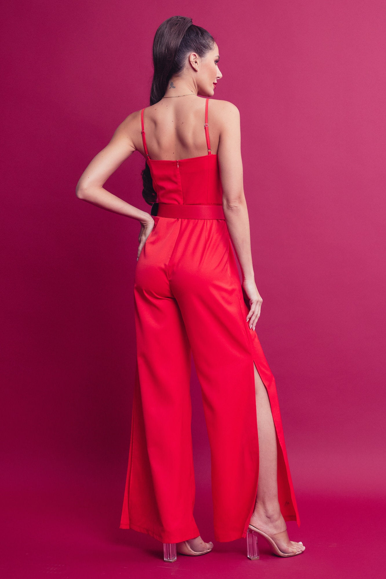 Woven Strappy Jumpsuit With High Side Leg Slits