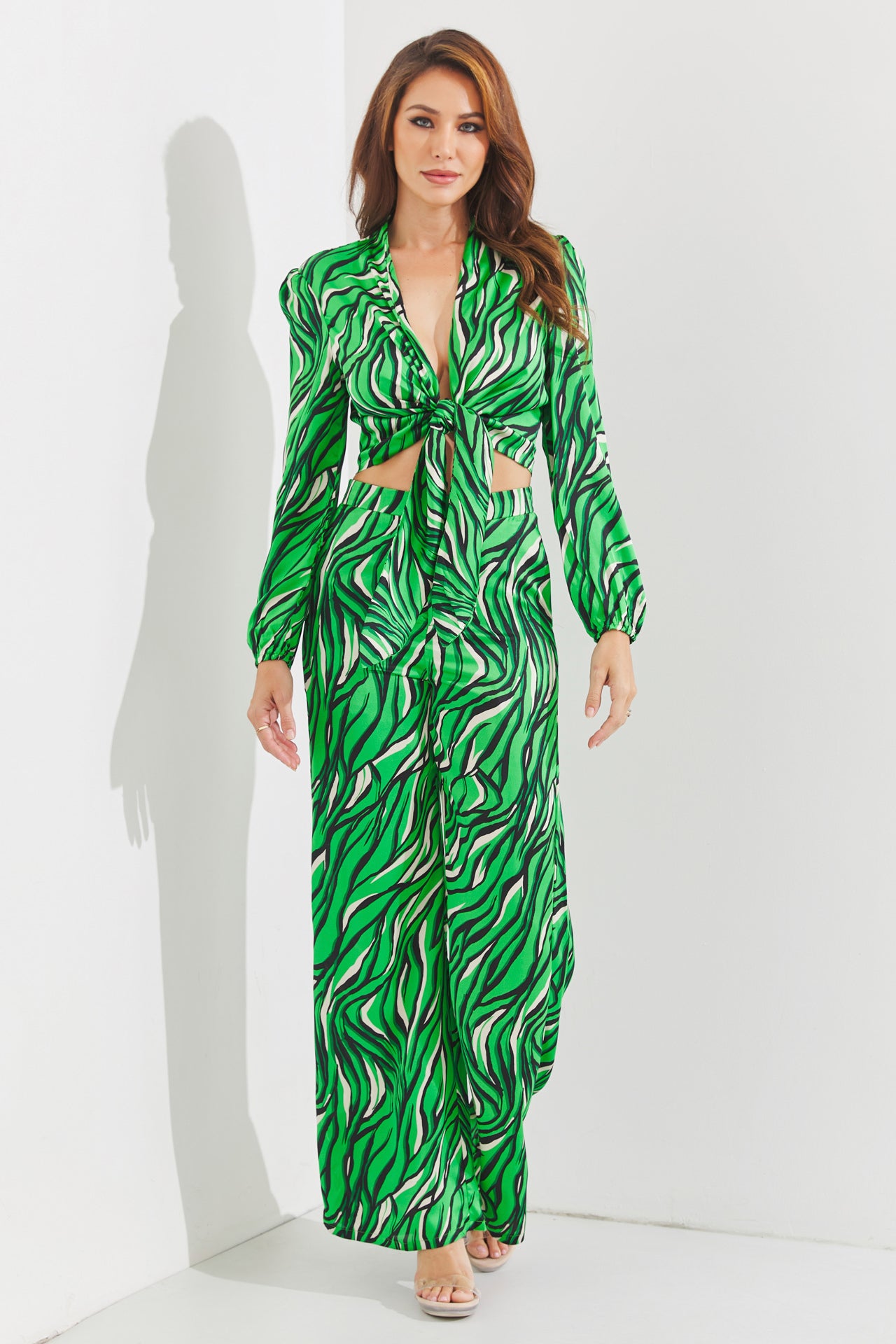 Printed Tie Front Top & Pants Set