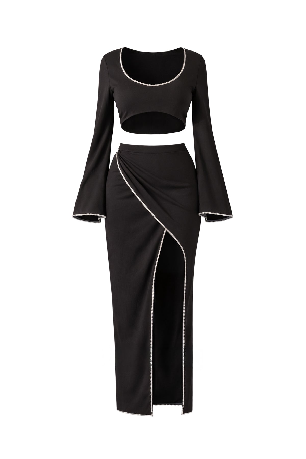 Knit Long Sleeve Top and Maxi Skirt Set With Stone Trim