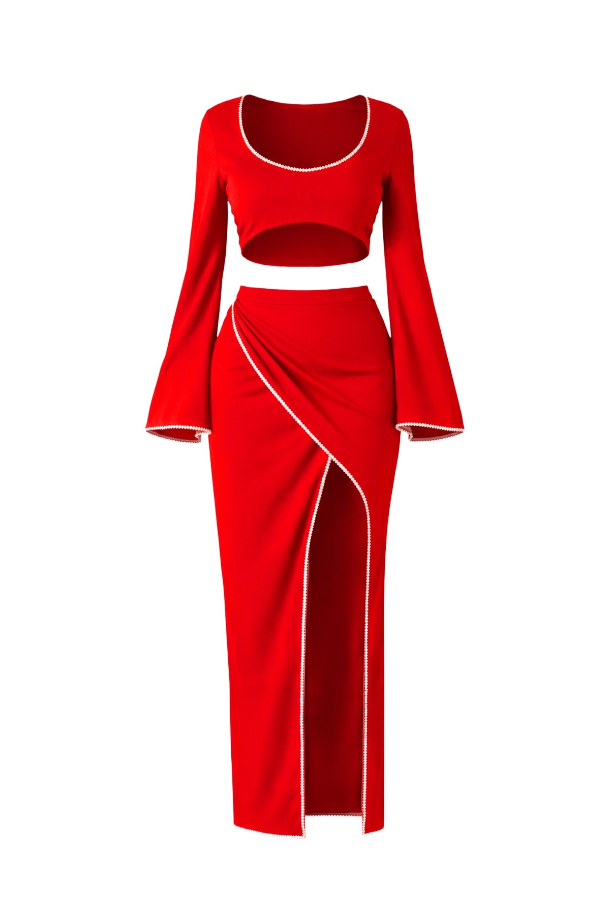 Knit Long Sleeve Top and Maxi Skirt Set With Stone Trim