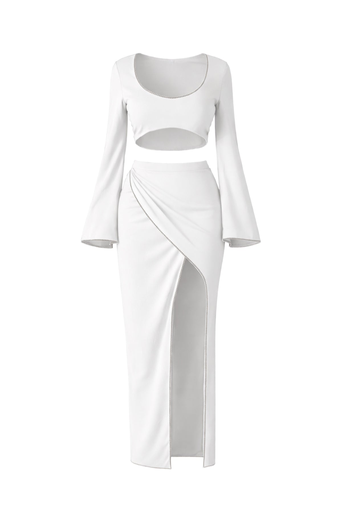 Knit Long Sleeve Top and Maxi Skirt Set With Stone Trim