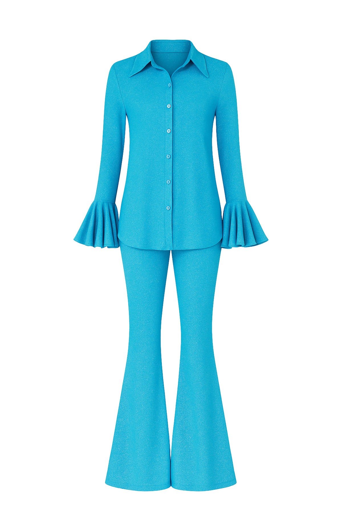 Knit Ruffle manga camisa y pantalones acampanados conjunto