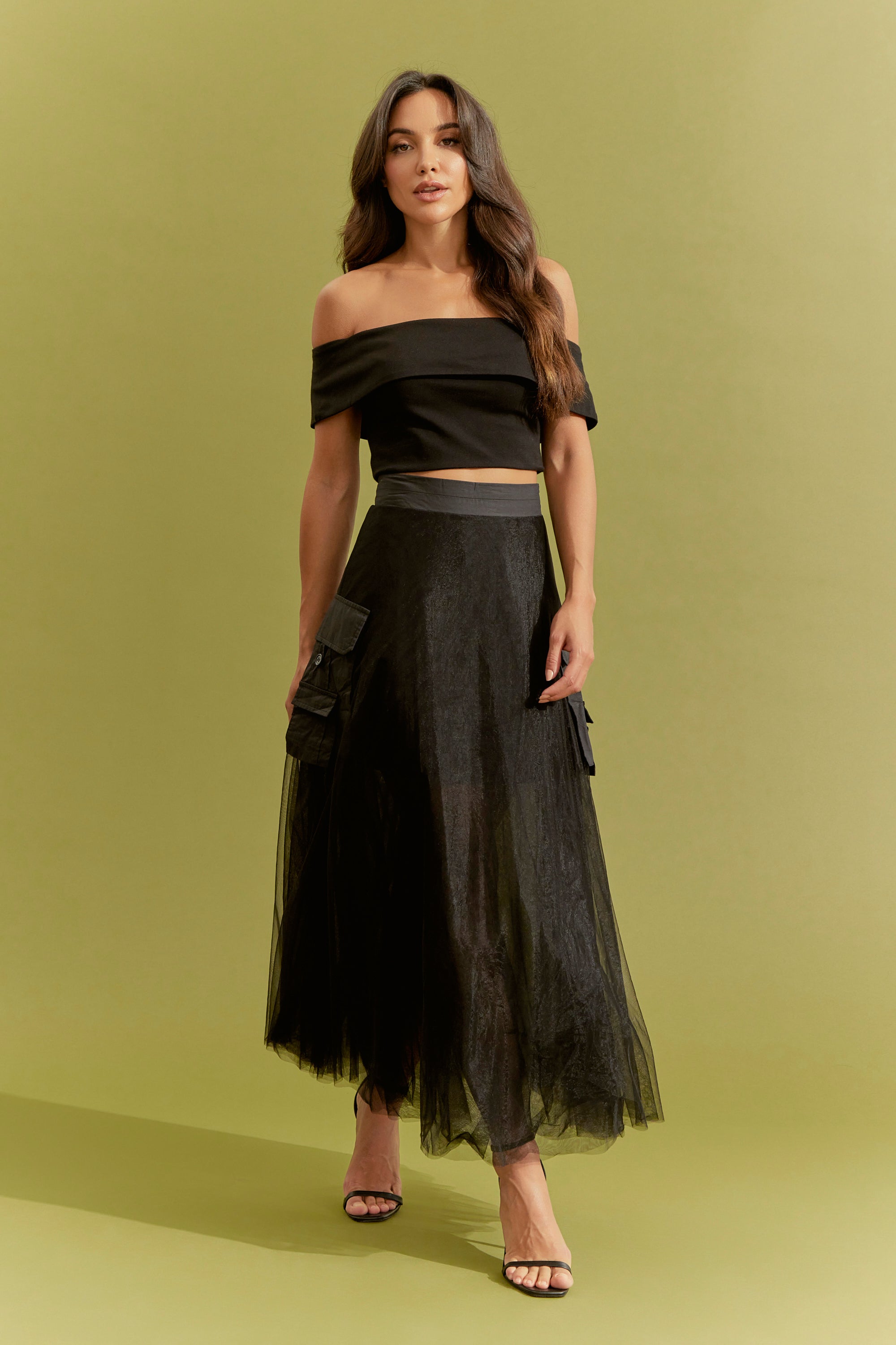 Woven Tulle Skirt with Cargo Pockets