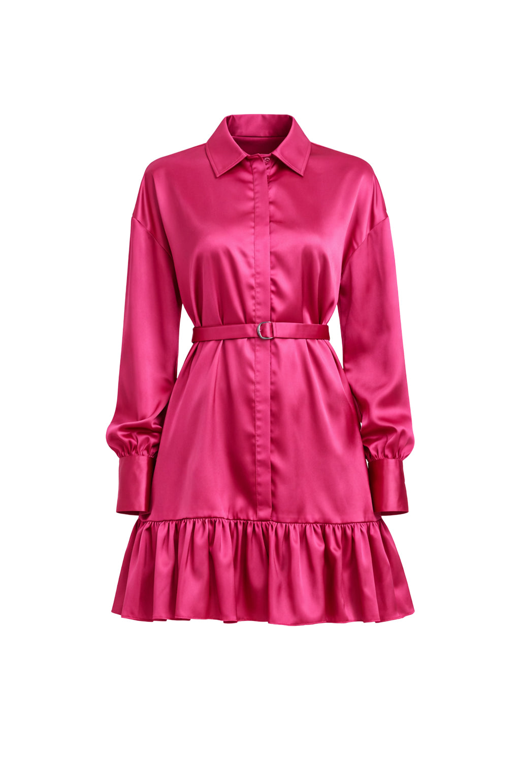Satin Shirt Mini Dress With Pleated Hem and Belt