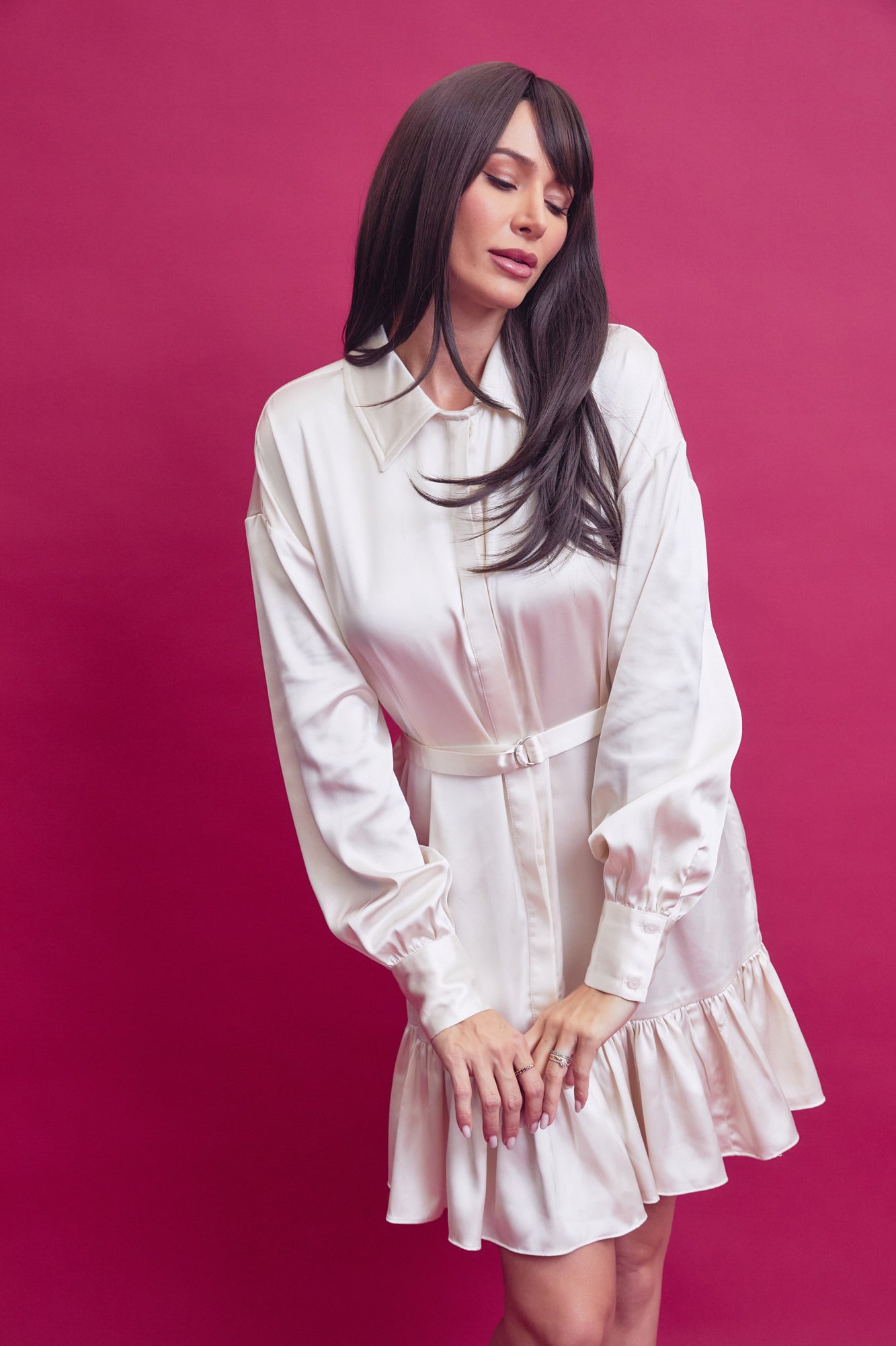Satin Shirt Mini Dress With Pleated Hem and Belt