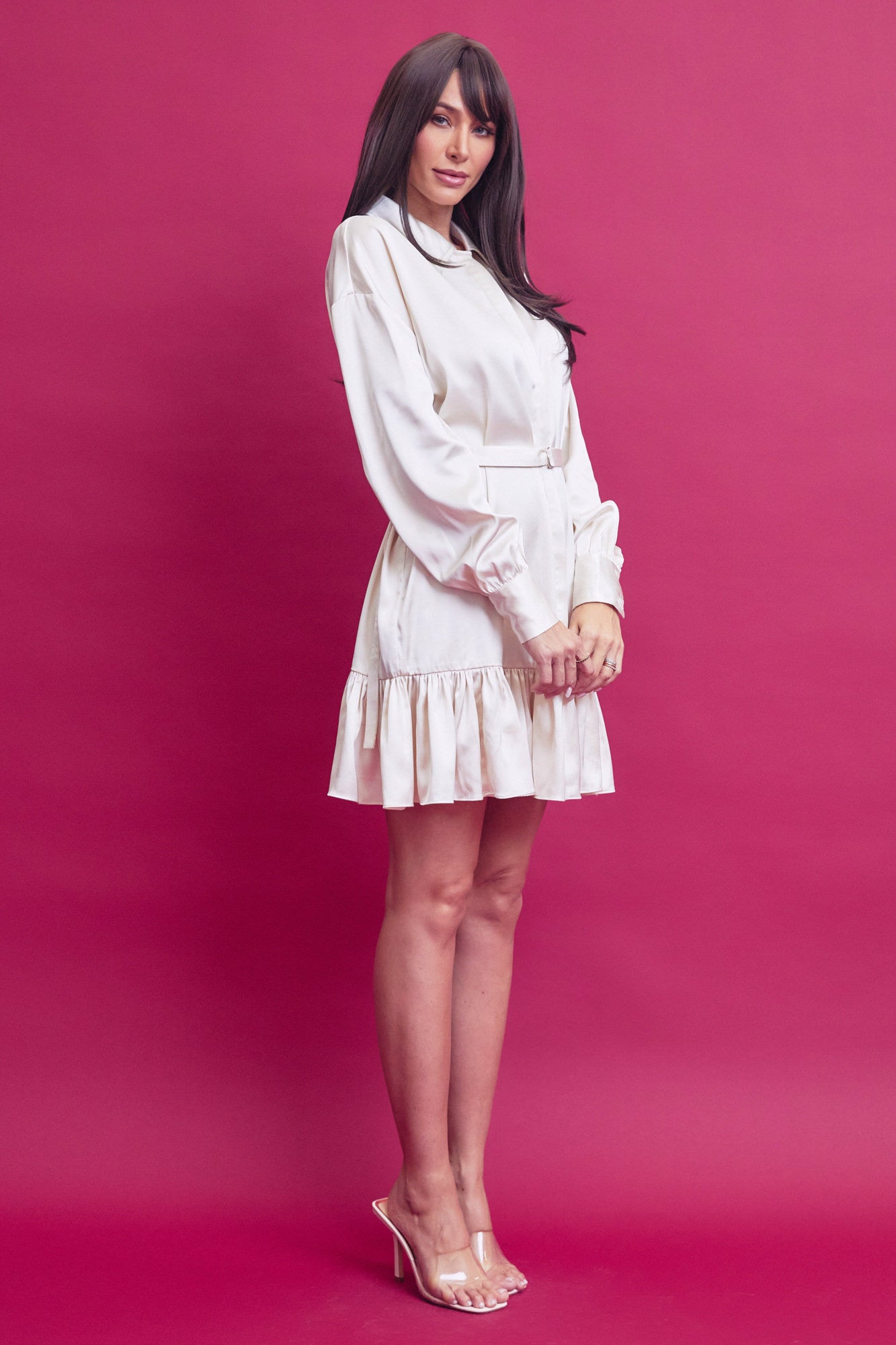 Satin Shirt Mini Dress With Pleated Hem and Belt