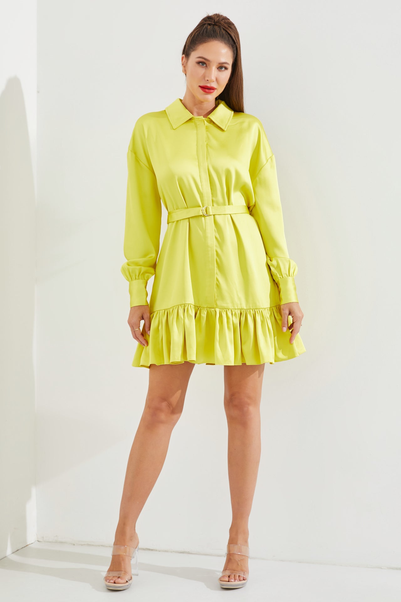 Satin Shirt Mini Dress With Pleated Hem and Belt