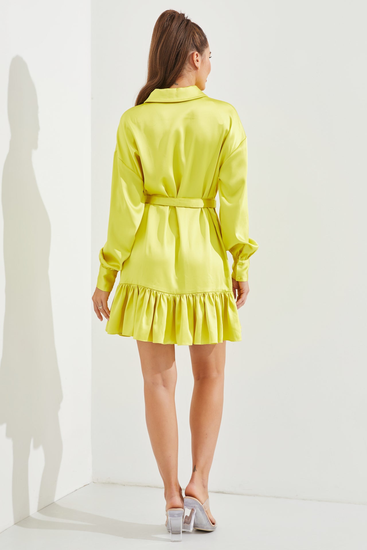 Satin Shirt Mini Dress With Pleated Hem and Belt