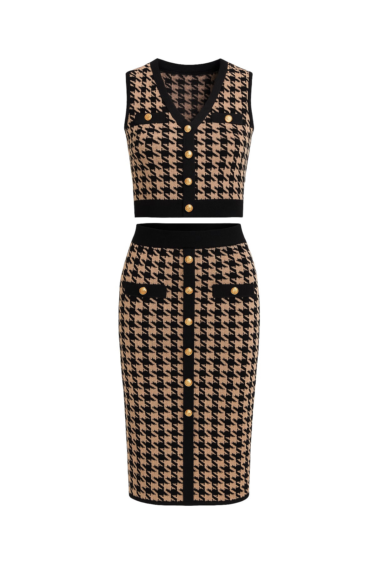 Houndstooth Knit Sleeveless Top and Midi Skirt Set