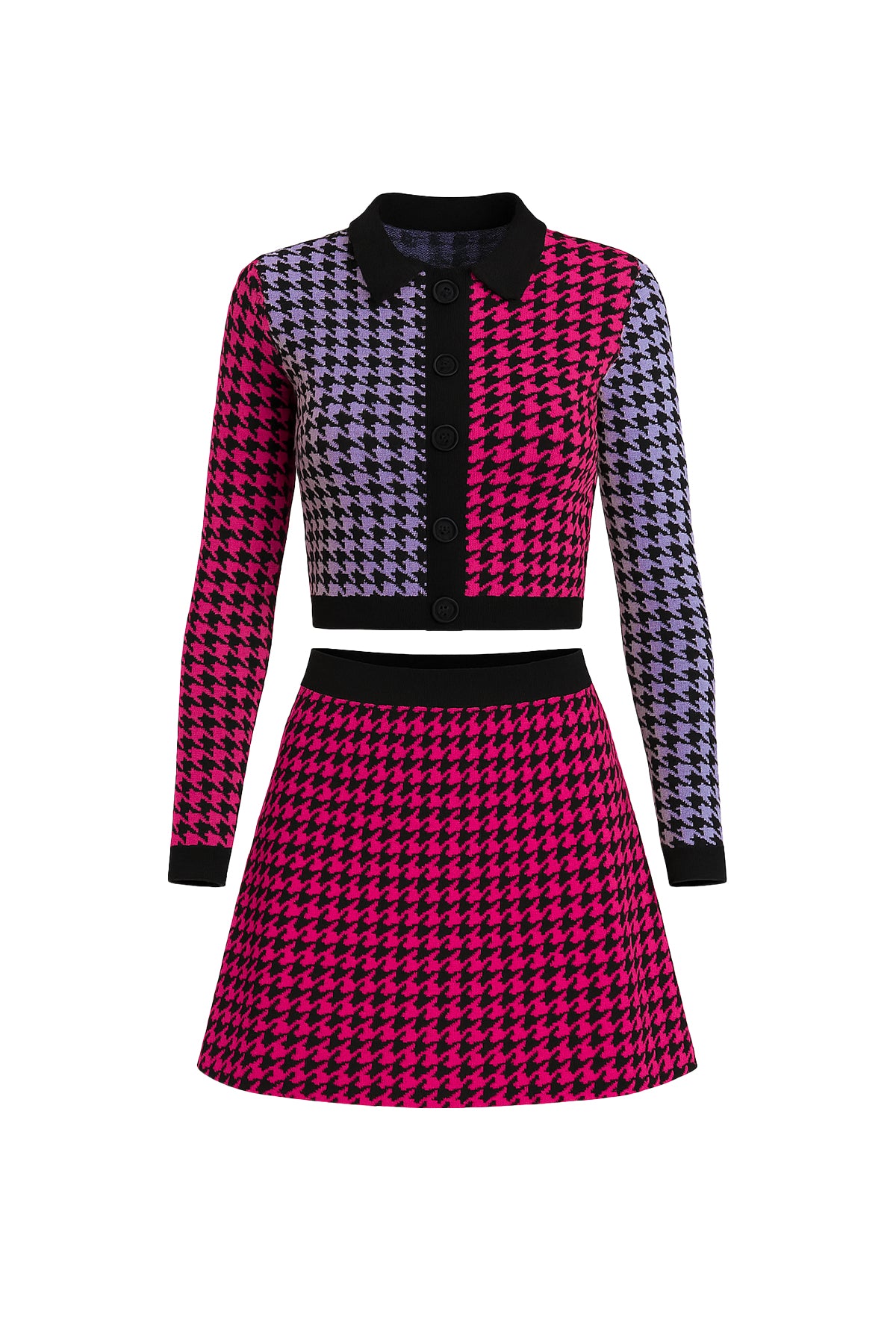Knit Houndstooth Colorblock Cardigan and A-Line Mini Skirt Set