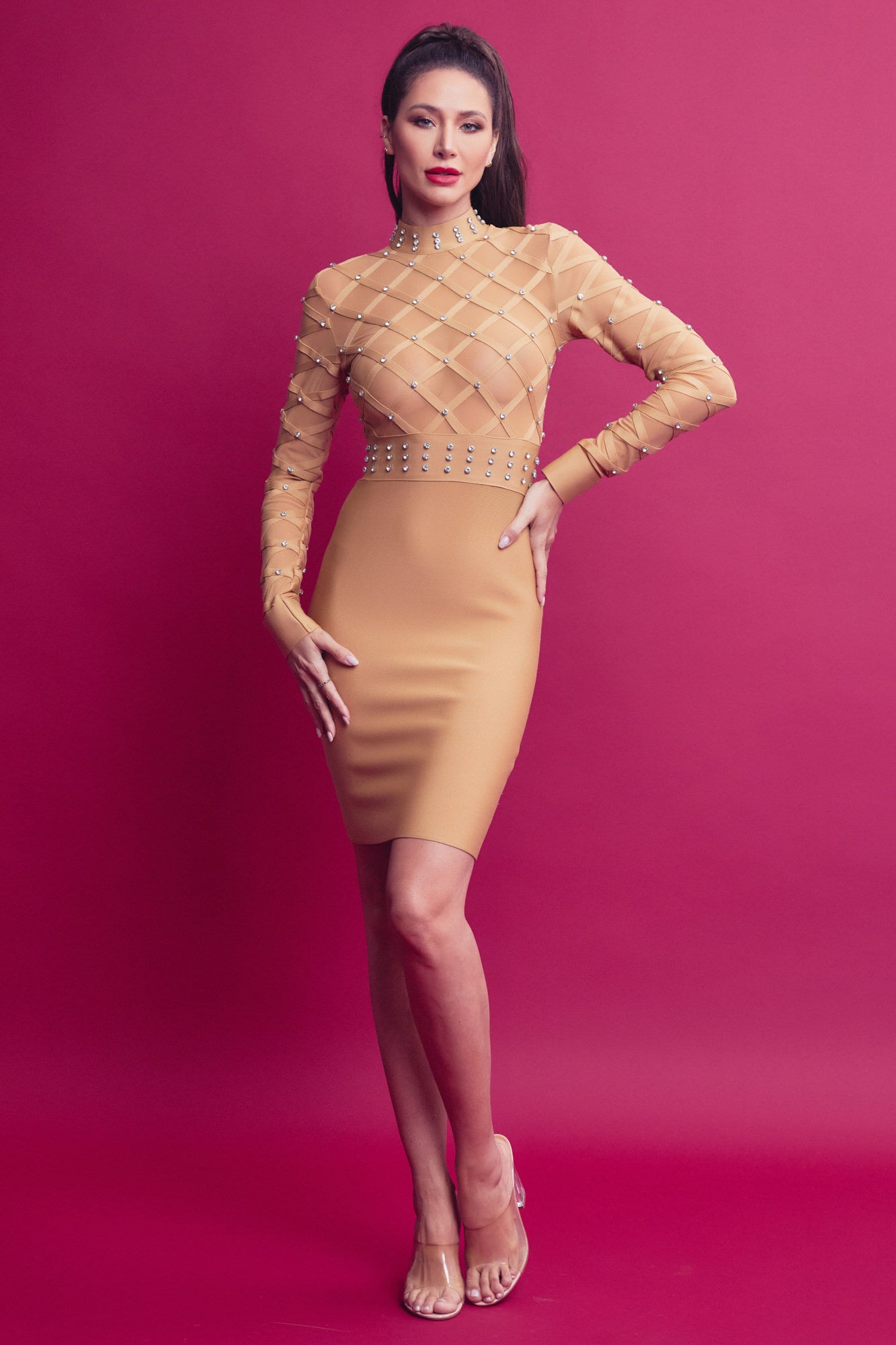 Bandage Crystal Studded Mesh Mini Dress