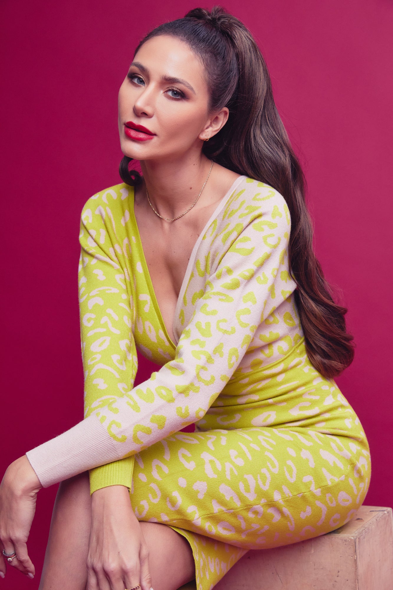 Knit Leopard Print Surplice Midi Dress