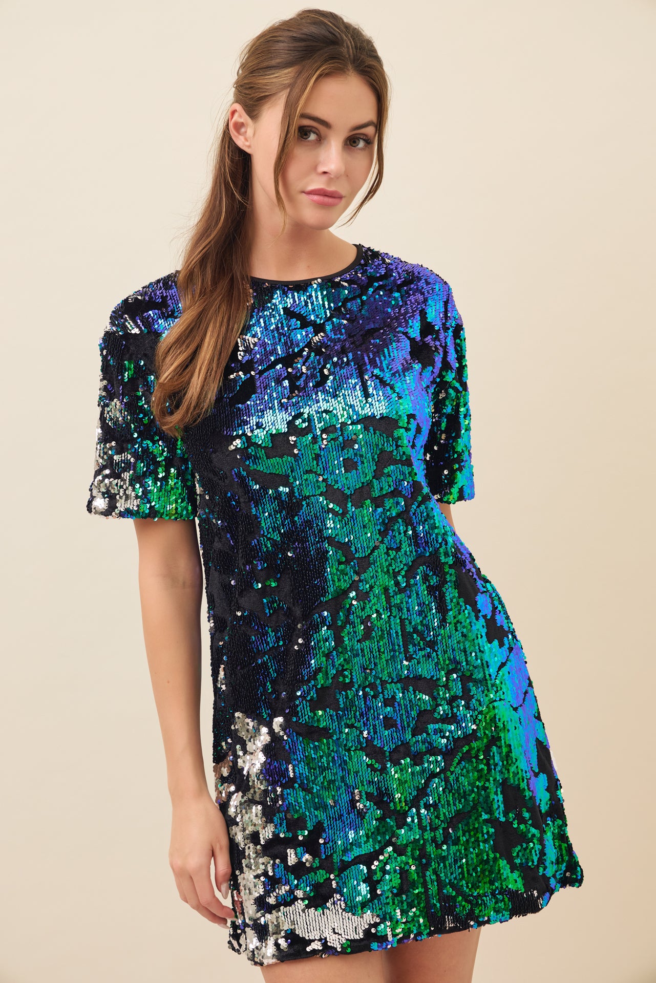 Night Out Textured Velvet Sequin Short Slv Mini Dress