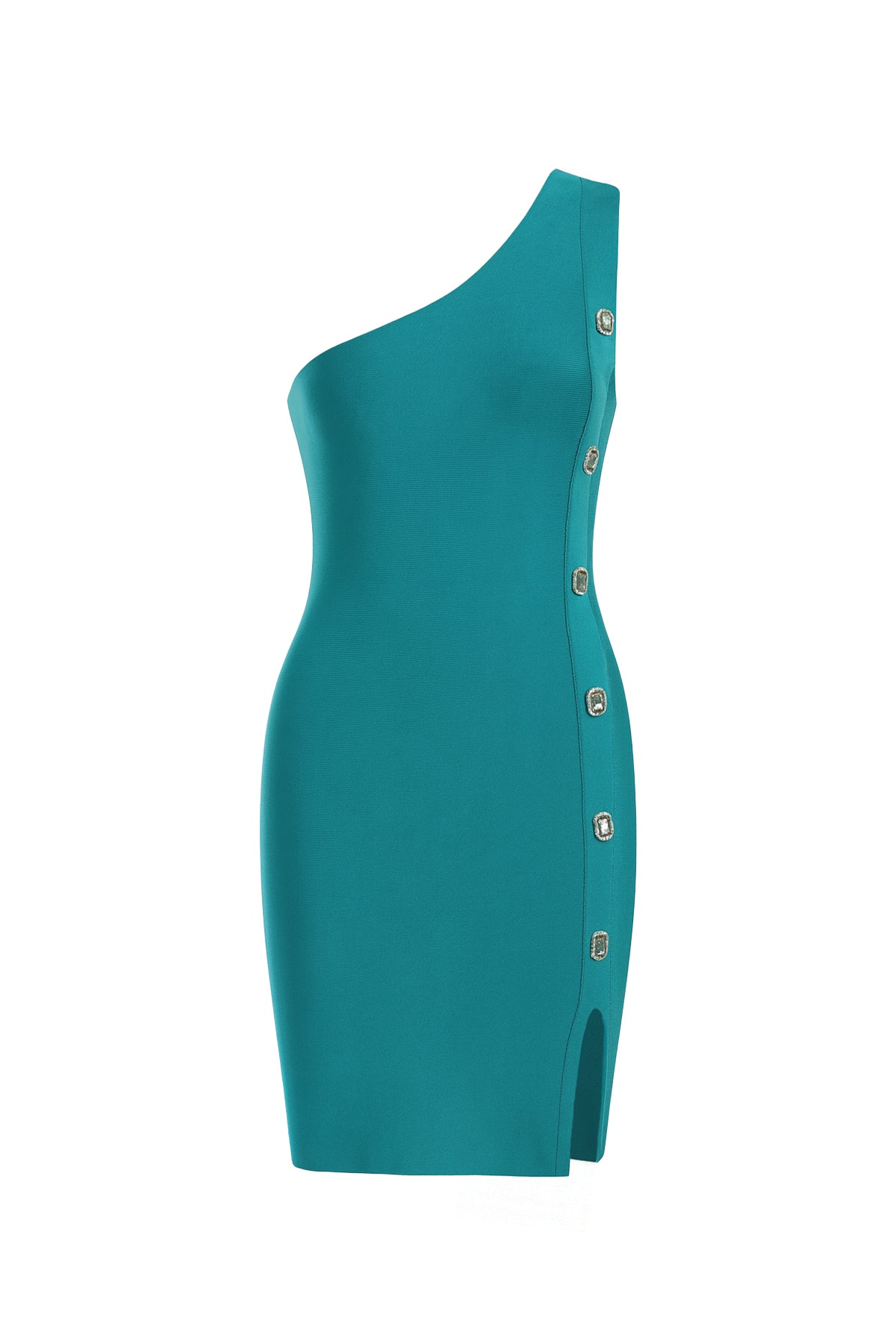Bandage One Shoulder Mini Dress With Rhinestone Buttons