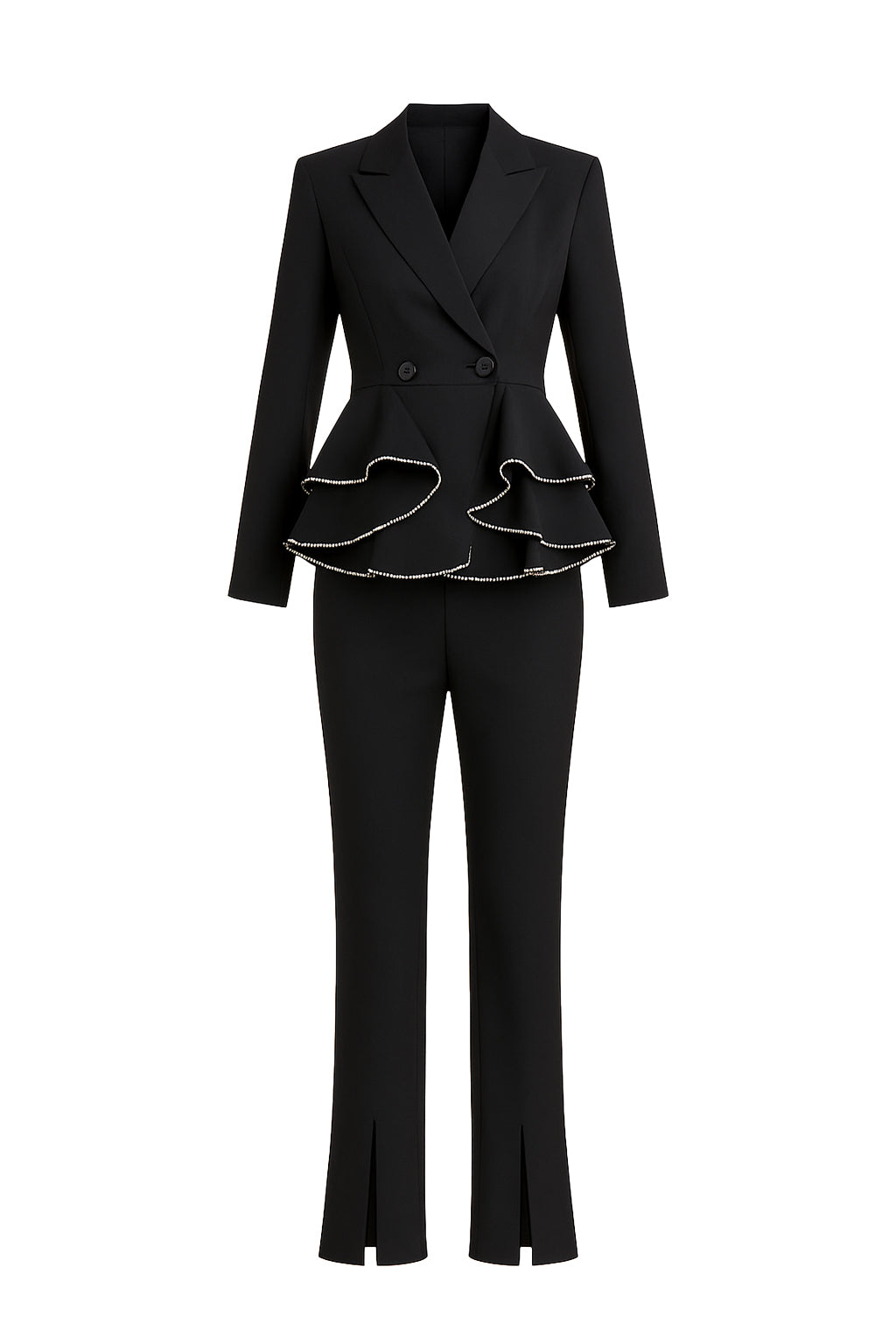 Woven Double Breasted Blazer With Ruffle Peplum and Pants Set