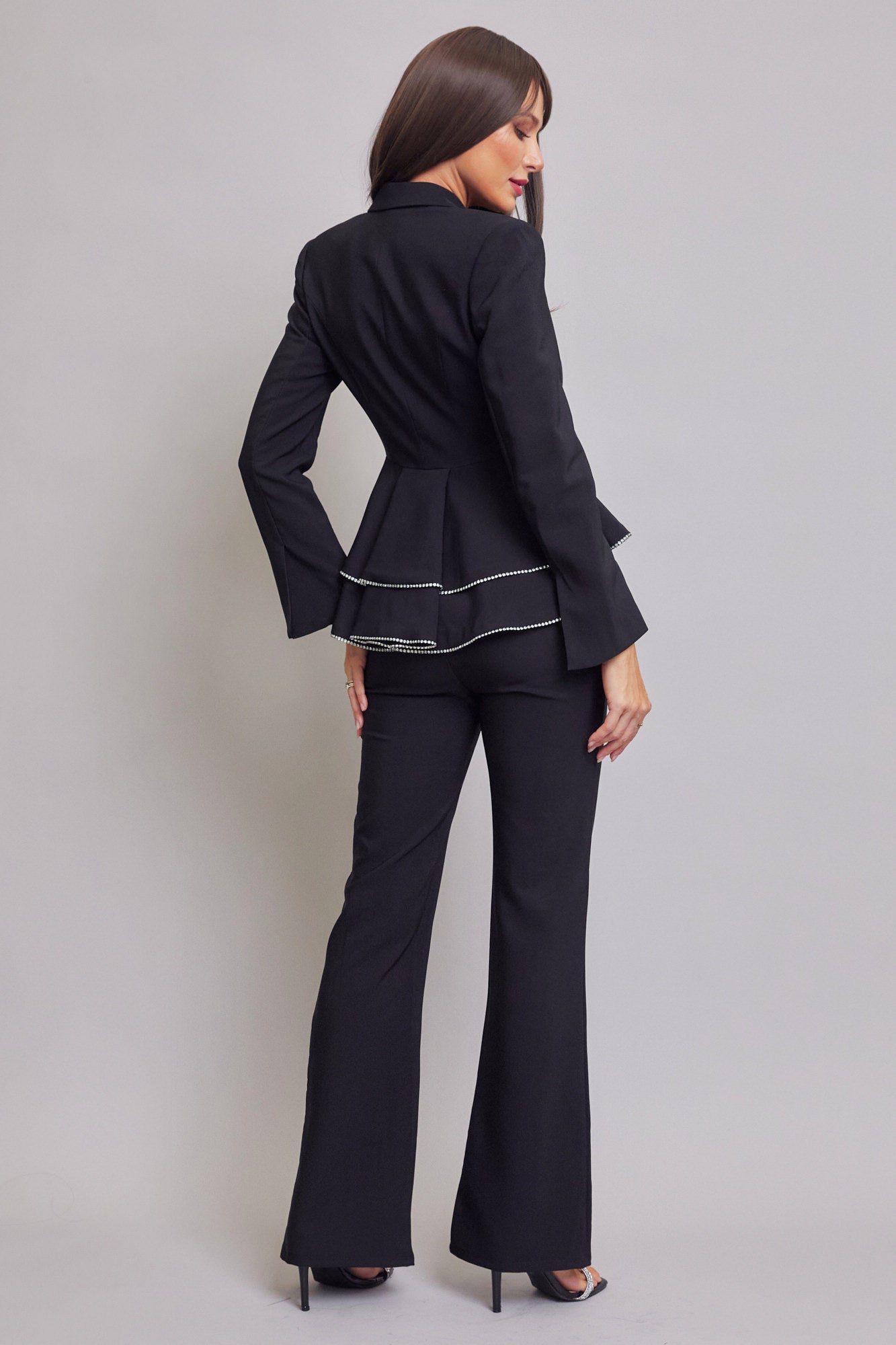 Woven Double Breasted Blazer With Ruffle Peplum and Pants Set