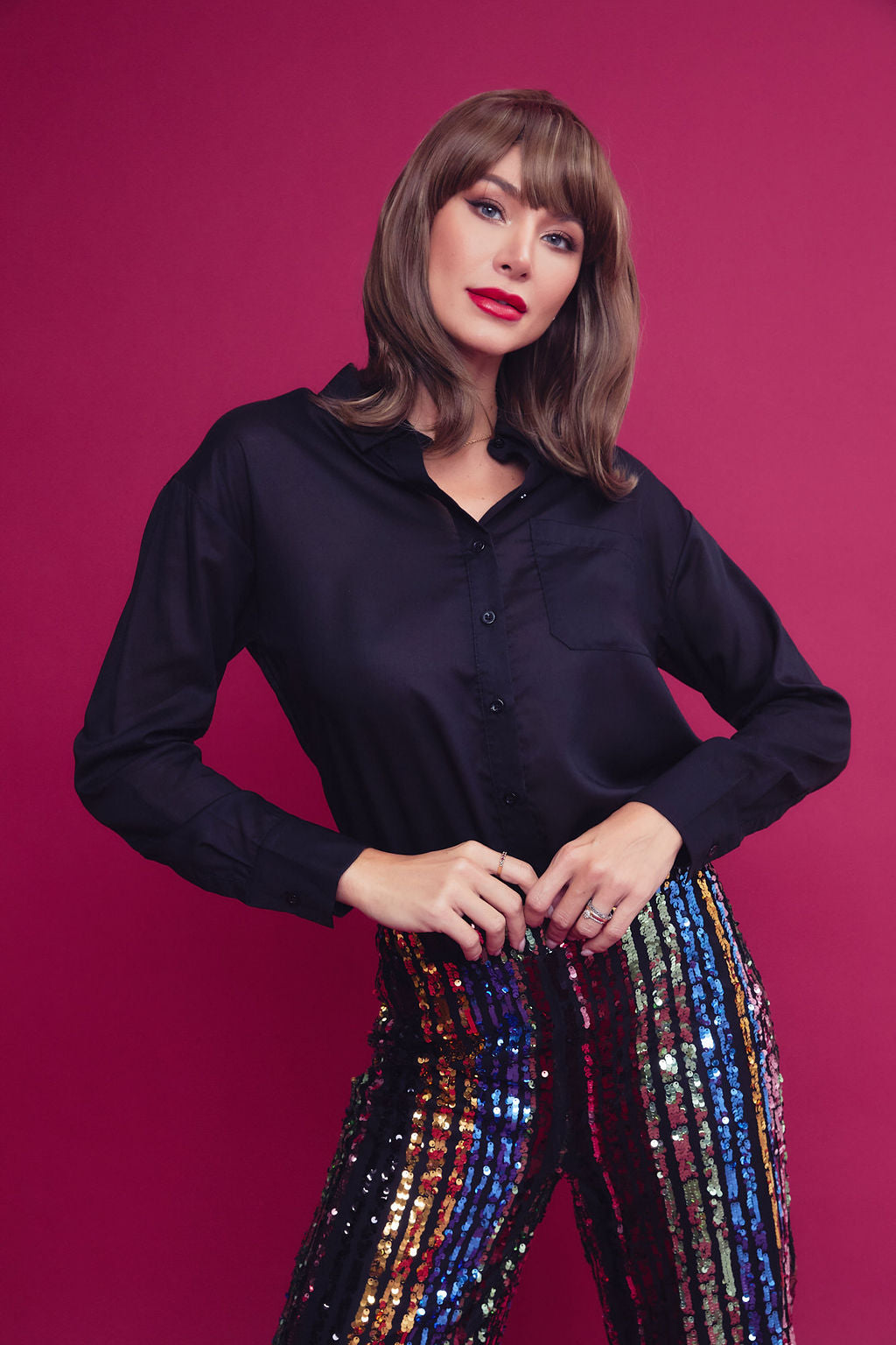 Woven Solid Shirt and Sequin Pants Set