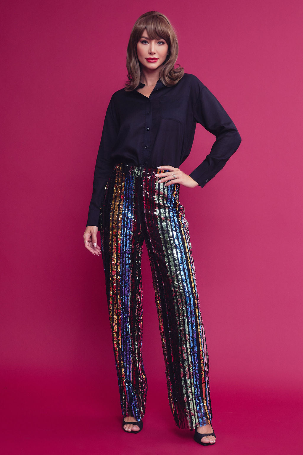 Woven Solid Shirt and Sequin Pants Set