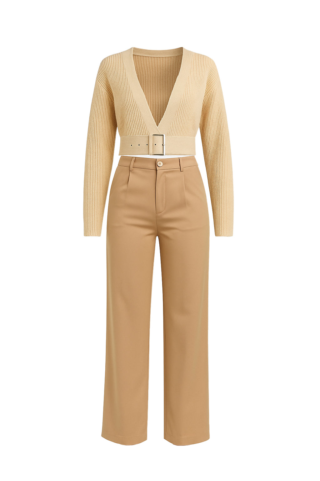 Knit Belted Cardigan and Woven Pants Set