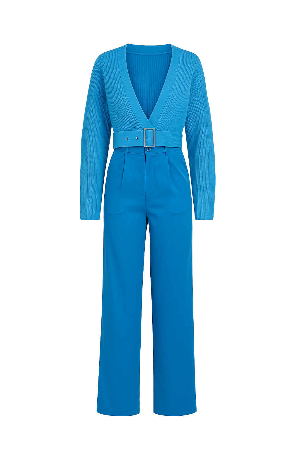 Knit Belted Cardigan and Woven Pants Set