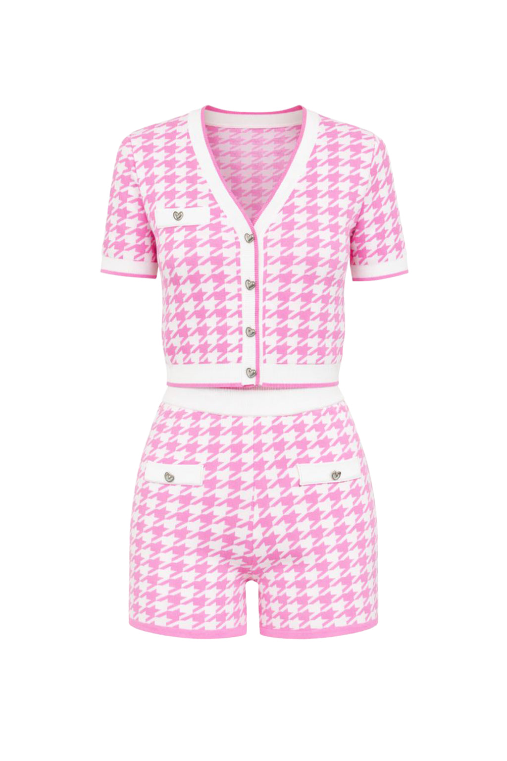Sweet Talk Knit Houndstooth Short Sleeve Cardigan & Shorts Set