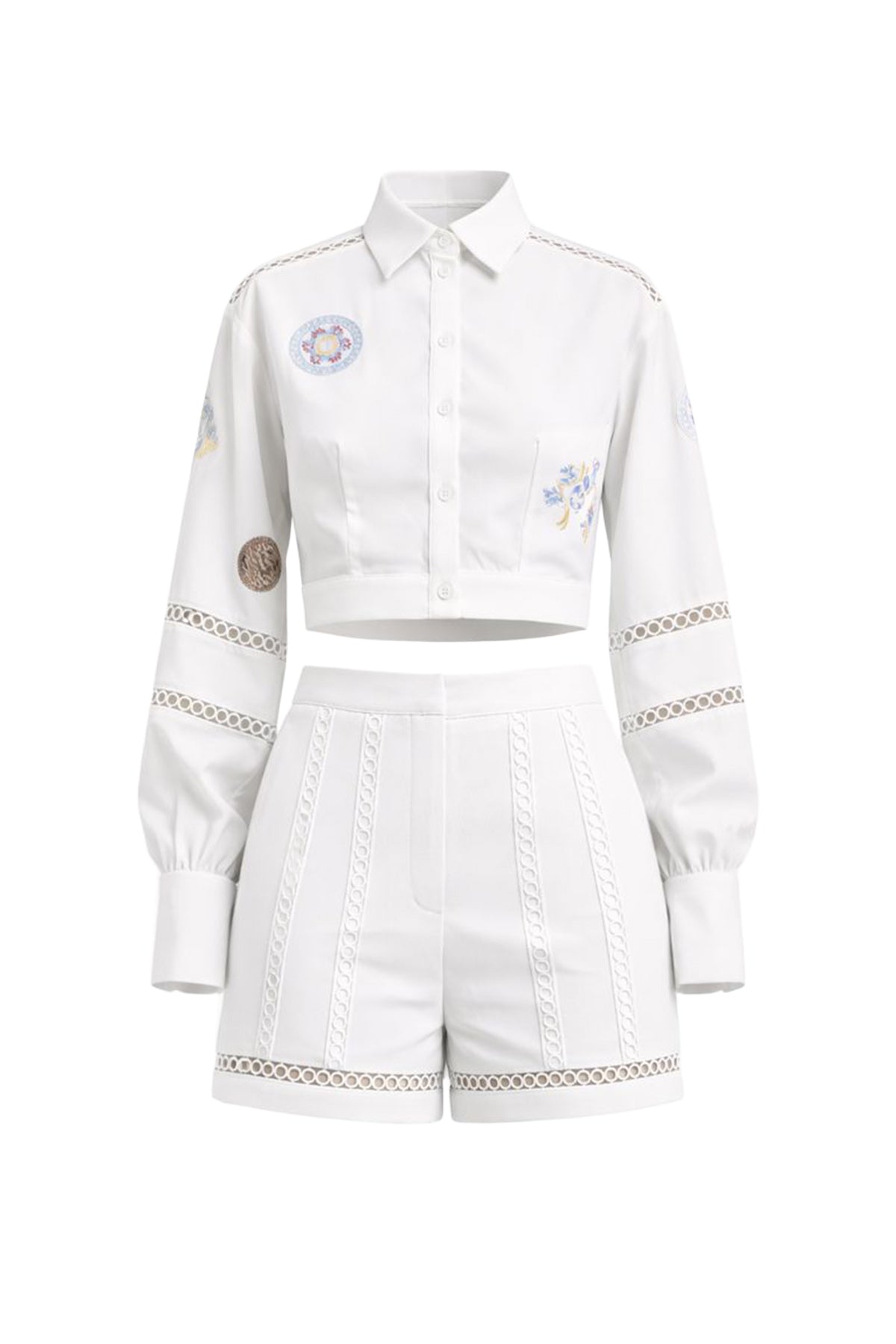 Woven Crop Shirt and Shorts Set With Embroidery