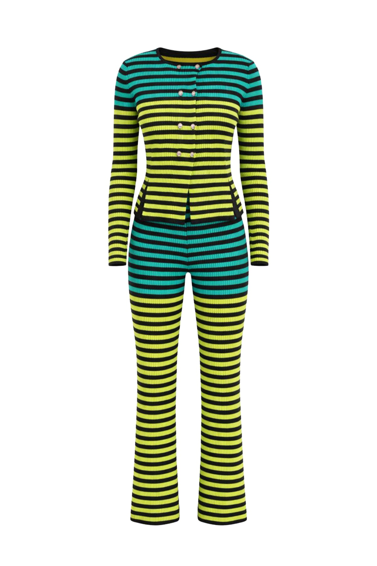 Its Giving Style Knit Stripe Jacket And Flare Pants Set