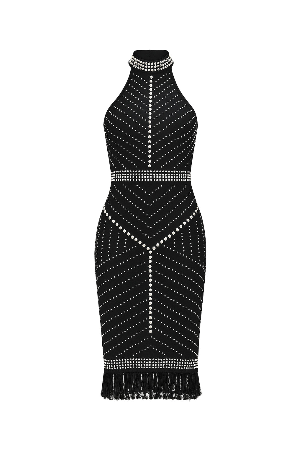 Glow Era Bandage Halter Pearl Embellished Dress With Fringe