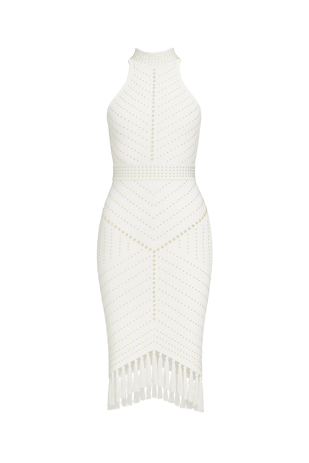 Glow Era Bandage Halter Pearl Embellished Dress With Fringe