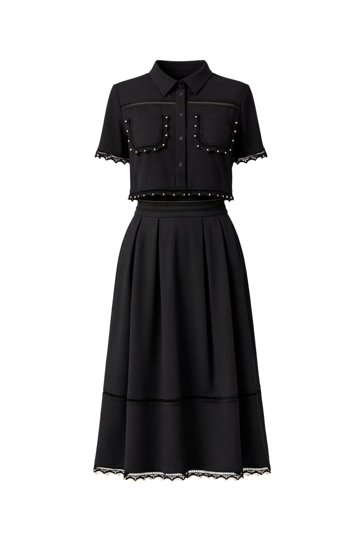 Looking for Me Woven Short Sleeve Top and Midi Skirt Set with Studded Trims