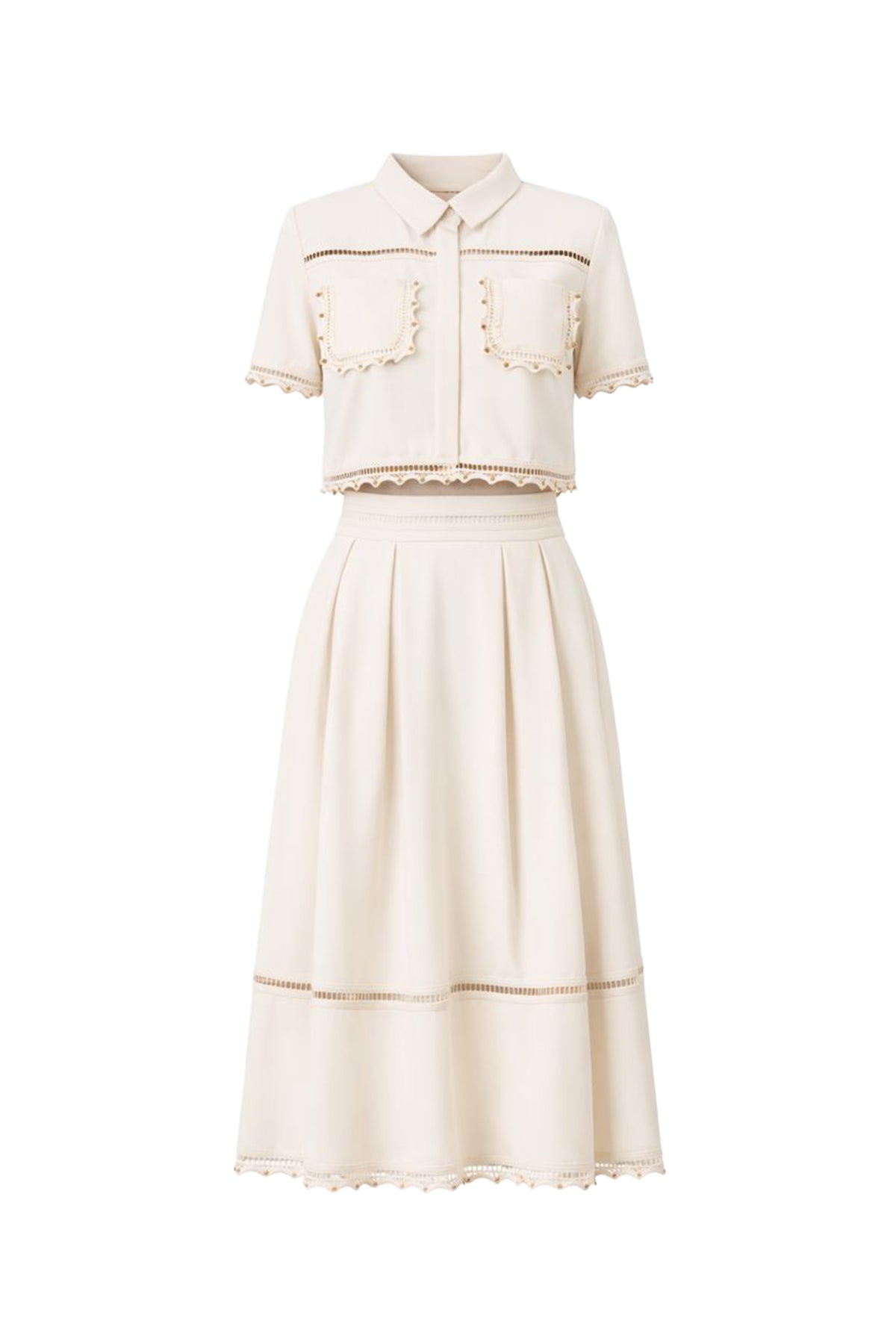 Looking for Me Woven Short Sleeve Top and Midi Skirt Set with Studded Trims