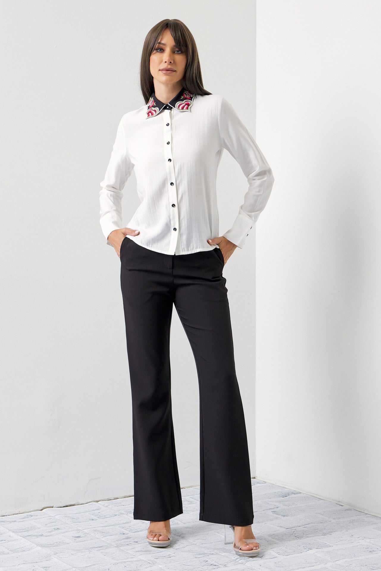 Embroidered Collar Shirt And Pants Set