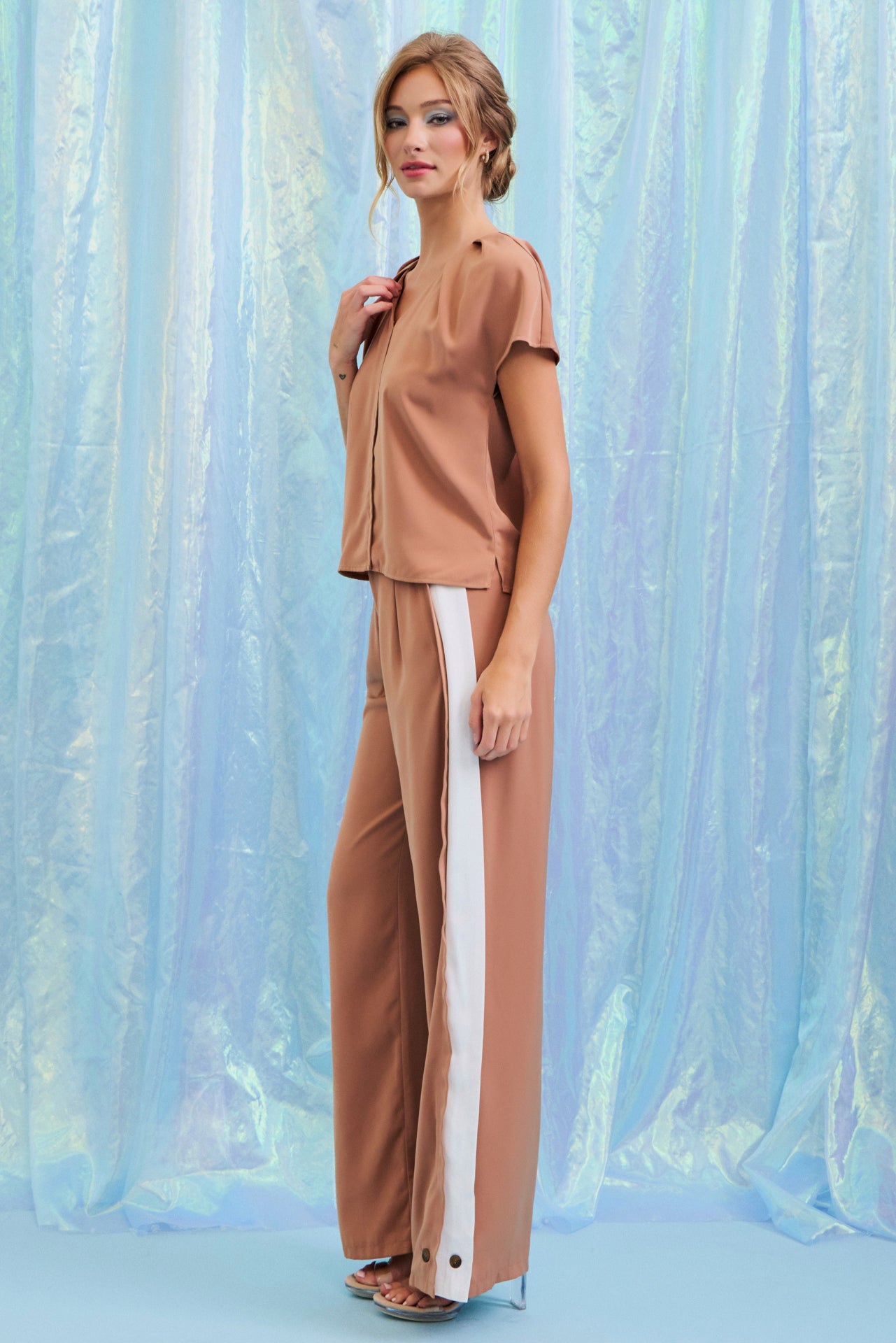 Ember Woven Pleated Short Sleeve Top and Contrast Side Panel Pants Set