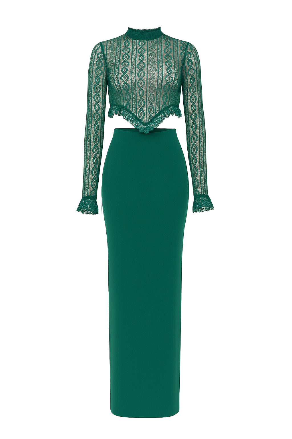 Lace Long Slv Top with Ruffles and Bandage Midi Skirt Set