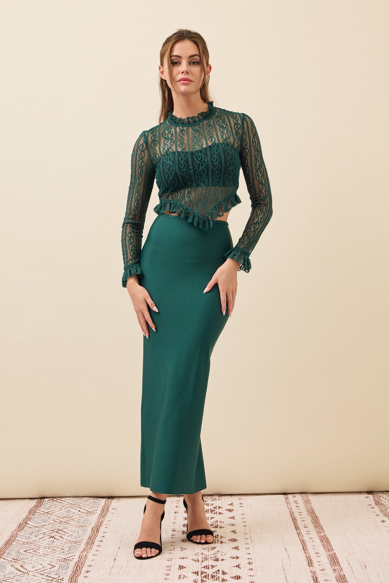 Lace Long Slv Top with Ruffles and Bandage Midi Skirt Set