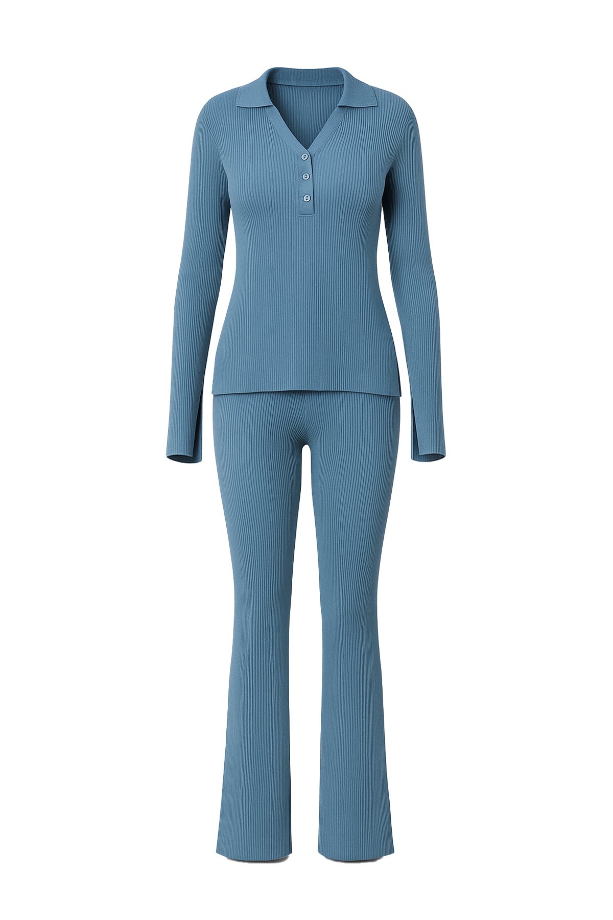 Say Less Knit Collar Long Sleeve Top and Pants Set with Slit