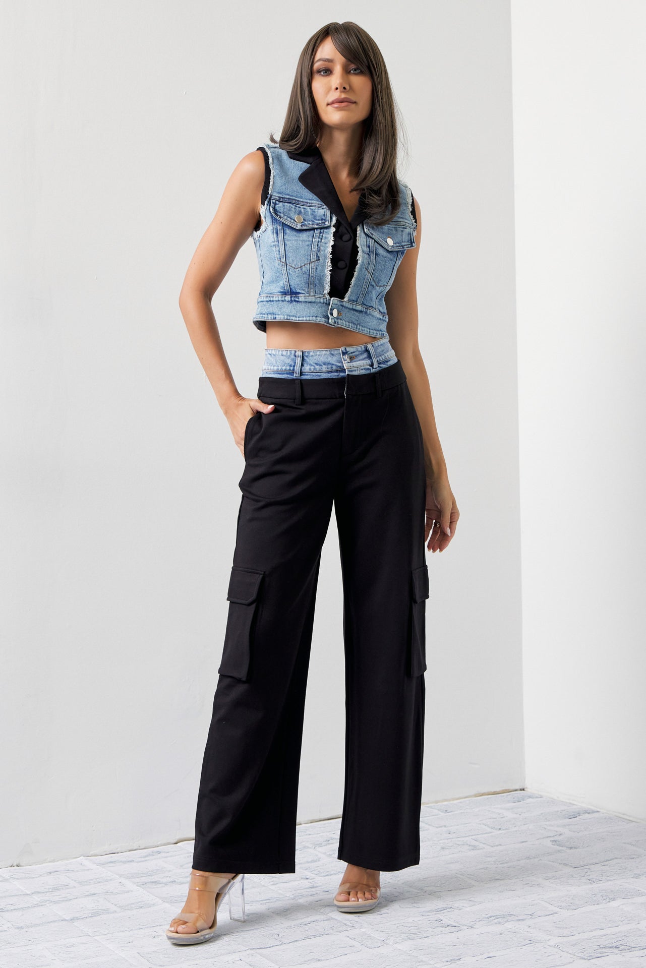 Arleen Mixed Fabric Denim Vest and Cargo Pants Set