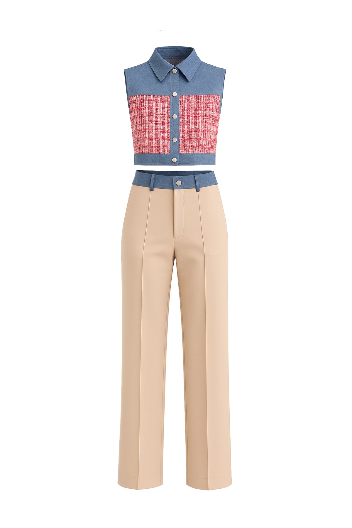 Modest Spring Denim Mixed Fabric Vest & Pants Set