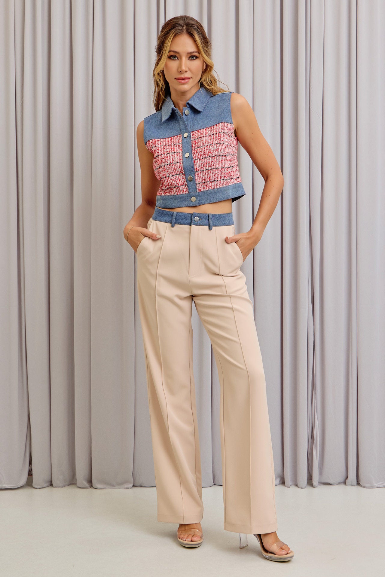 Modest Spring Denim Mixed Fabric Vest & Pants Set