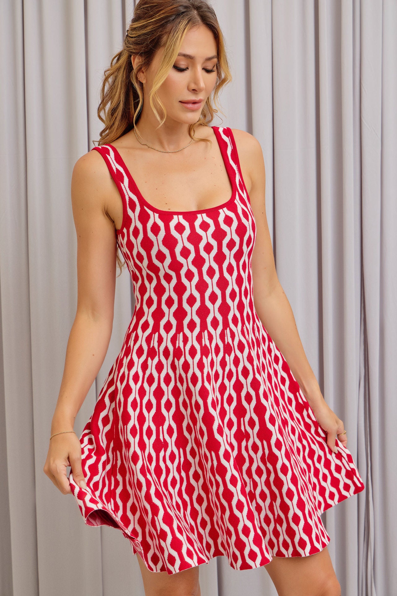 Peyton Knit Square-Neck Geometric Pattern Mini Dress