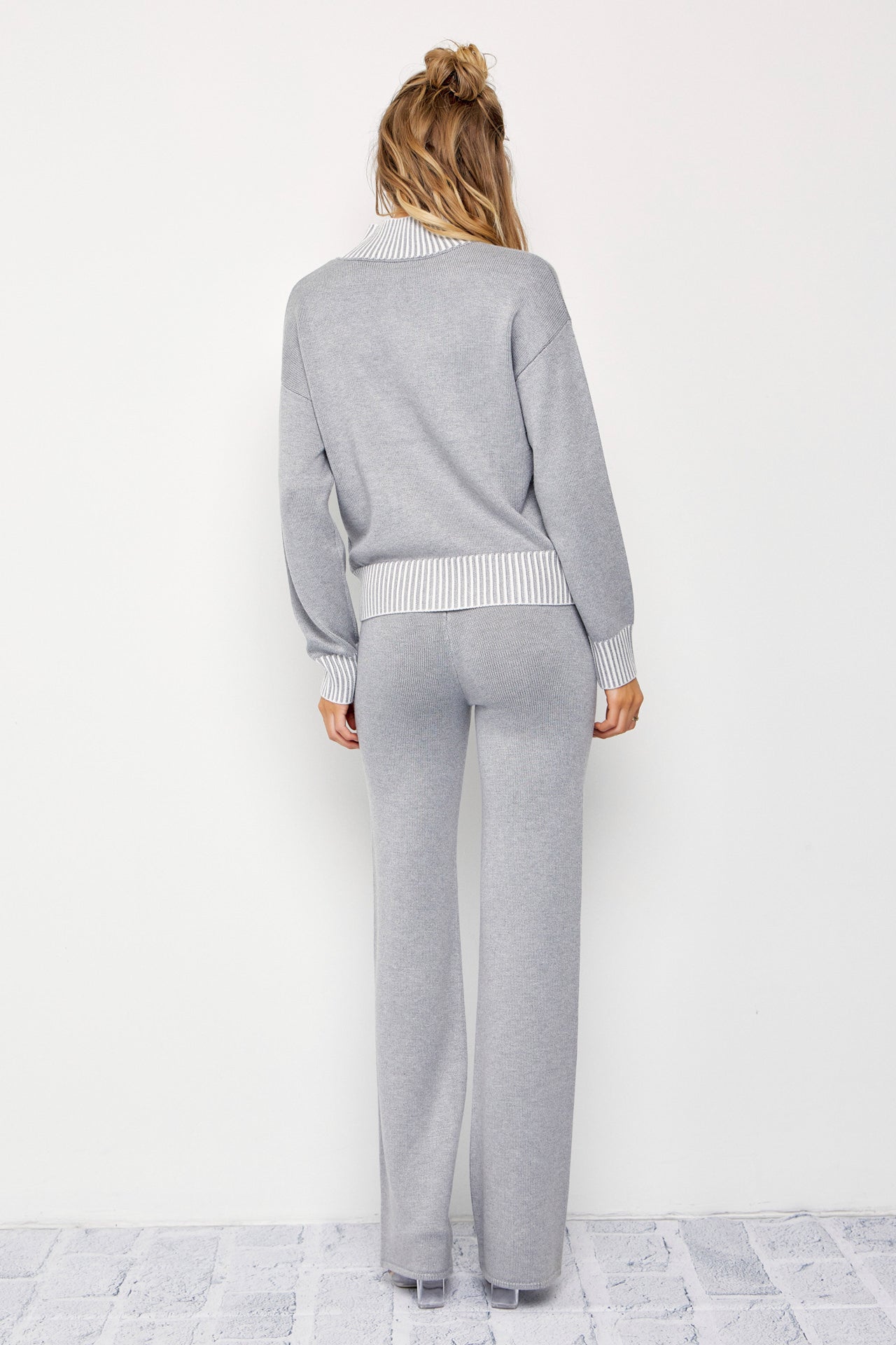New Season Knit Contrast Stitch Mock Neck Top and Pants Set