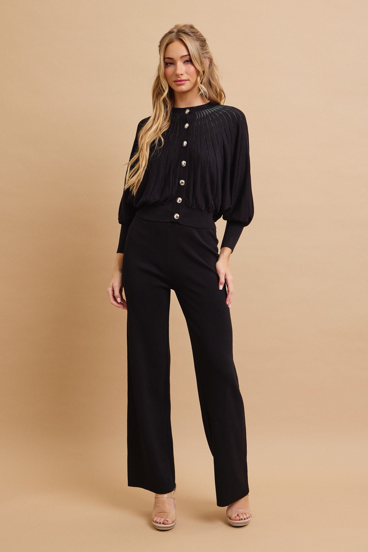 Knit Lurex Stripe Bat Wing Sleeve Cardigan and Pants Set