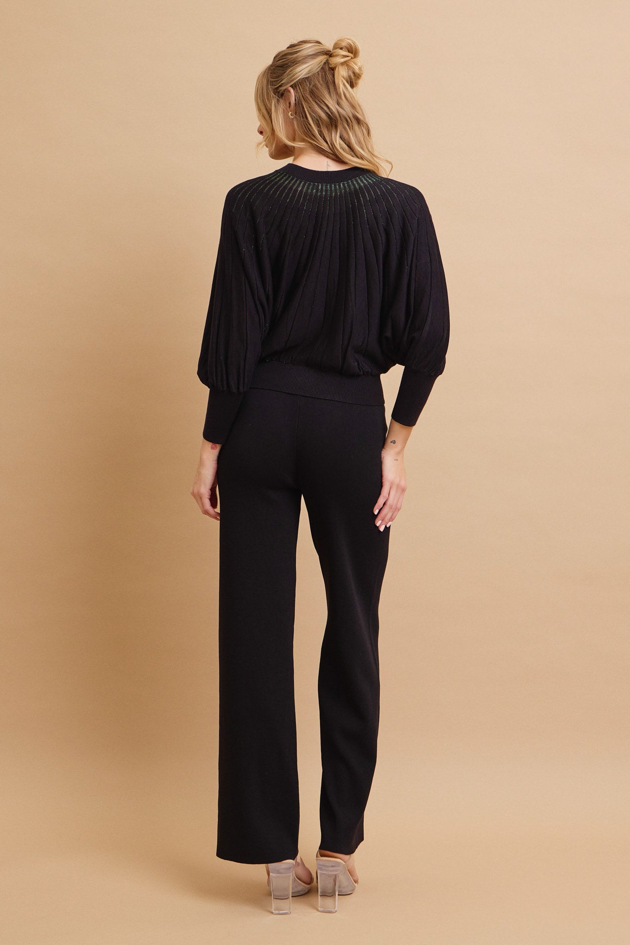 Knit Lurex Stripe Bat Wing Sleeve Cardigan and Pants Set