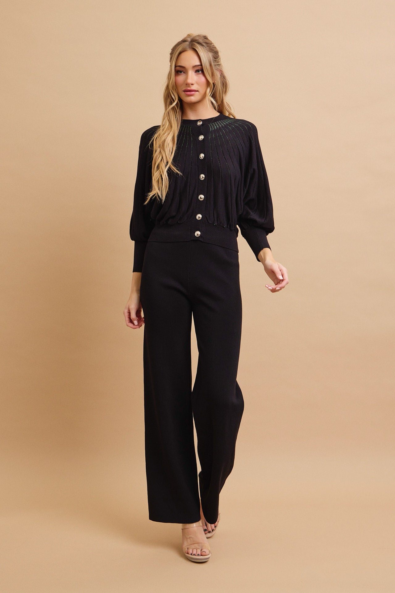 Knit Lurex Stripe Bat Wing Sleeve Cardigan and Pants Set