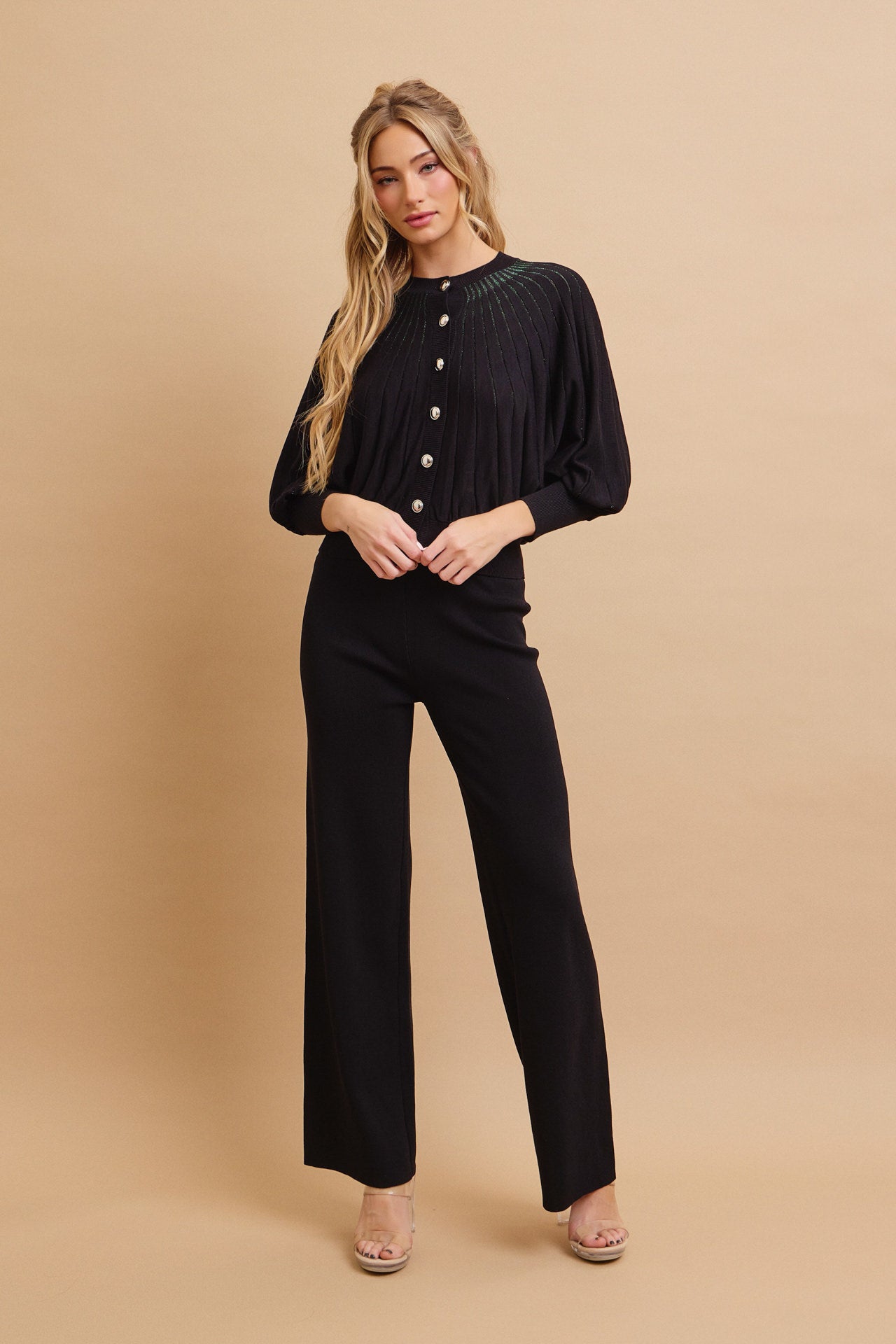 Knit Lurex Stripe Bat Wing Sleeve Cardigan and Pants Set