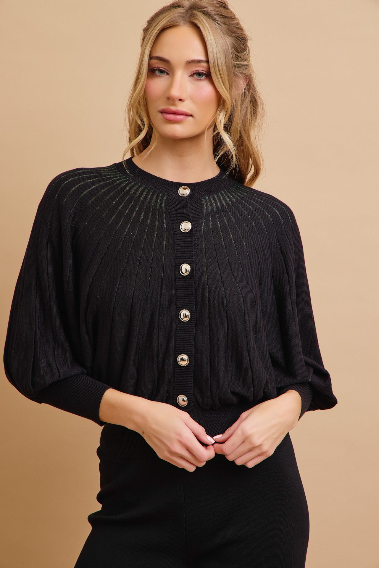 Knit Lurex Stripe Bat Wing Sleeve Cardigan and Pants Set