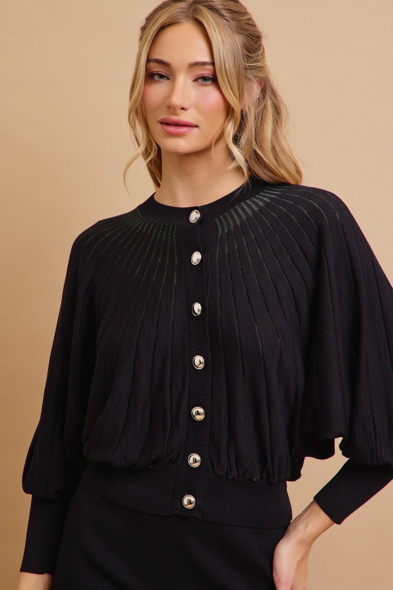 Knit Lurex Stripe Bat Wing Sleeve Cardigan and Pants Set