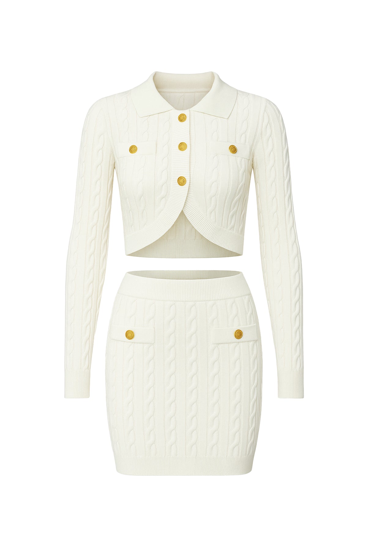 Take Notes Cable Knit Rounded Hem Cardigan and Mini Skirt Set
